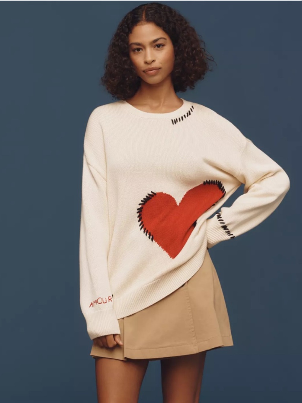 Maeve Anthropologie Crew-Neck Whipstitch Heart Icon Sweater size XS